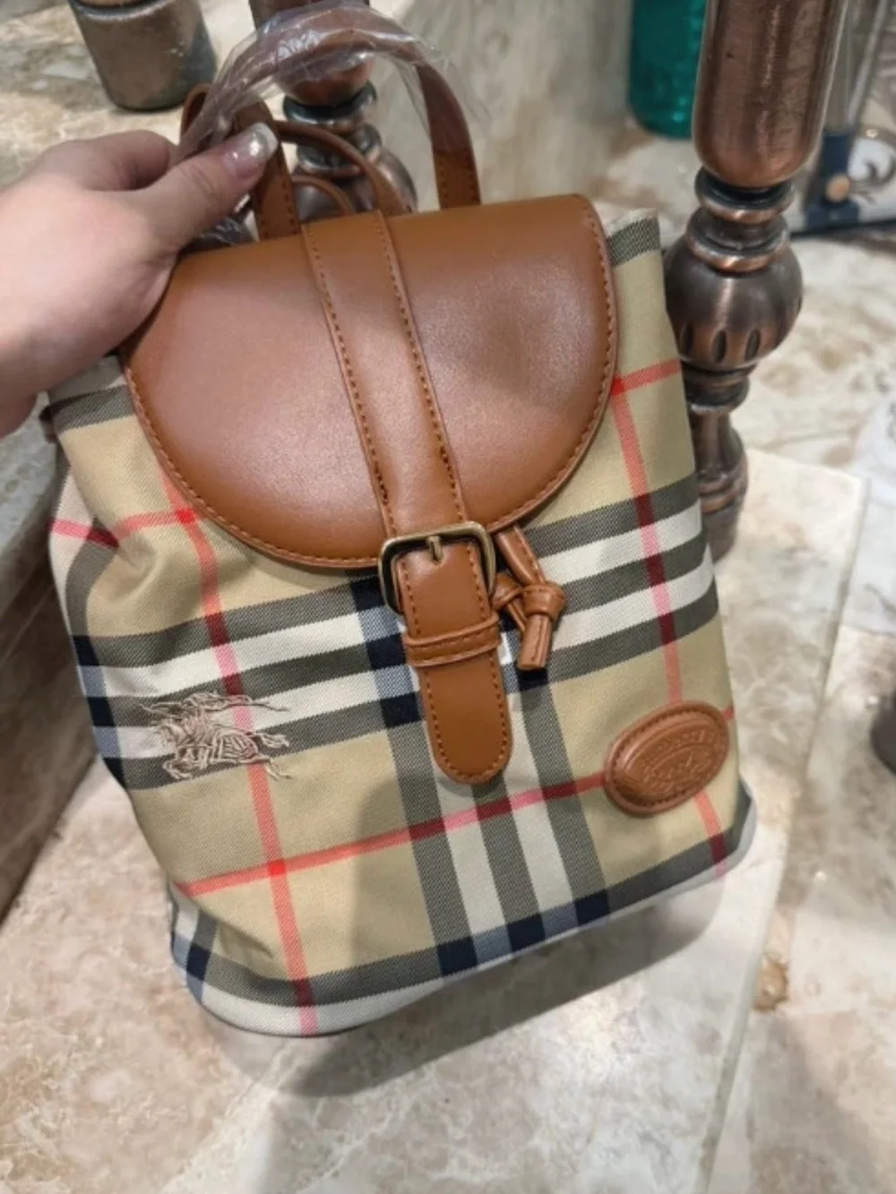 Classic Plaid Backpack with Tan Leather Trim